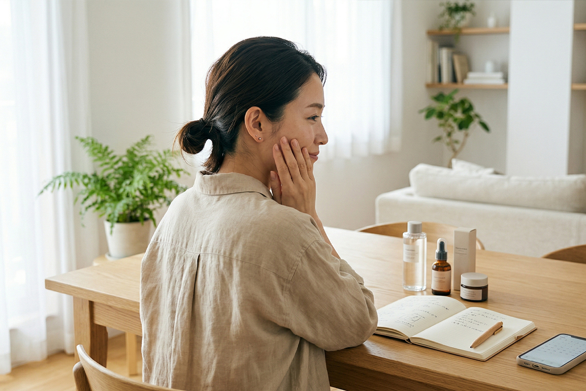 自宅の明るい室内で、スキンケア用品や手帳をそばに置き、自分のペースで美容ケアを続けている女性の様子。