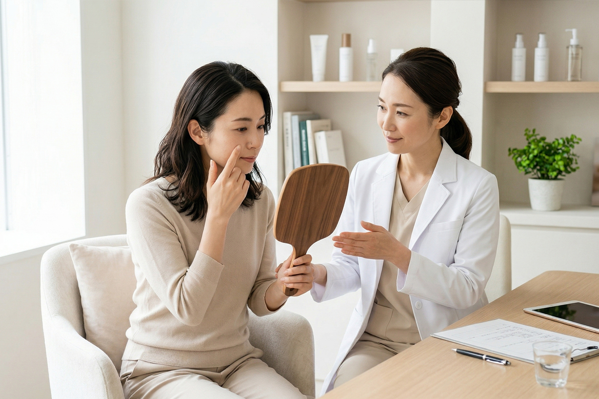 明るい美容クリニックのカウンセリング室で、日本人女性が女性医師から施術前の説明を受けている画像。