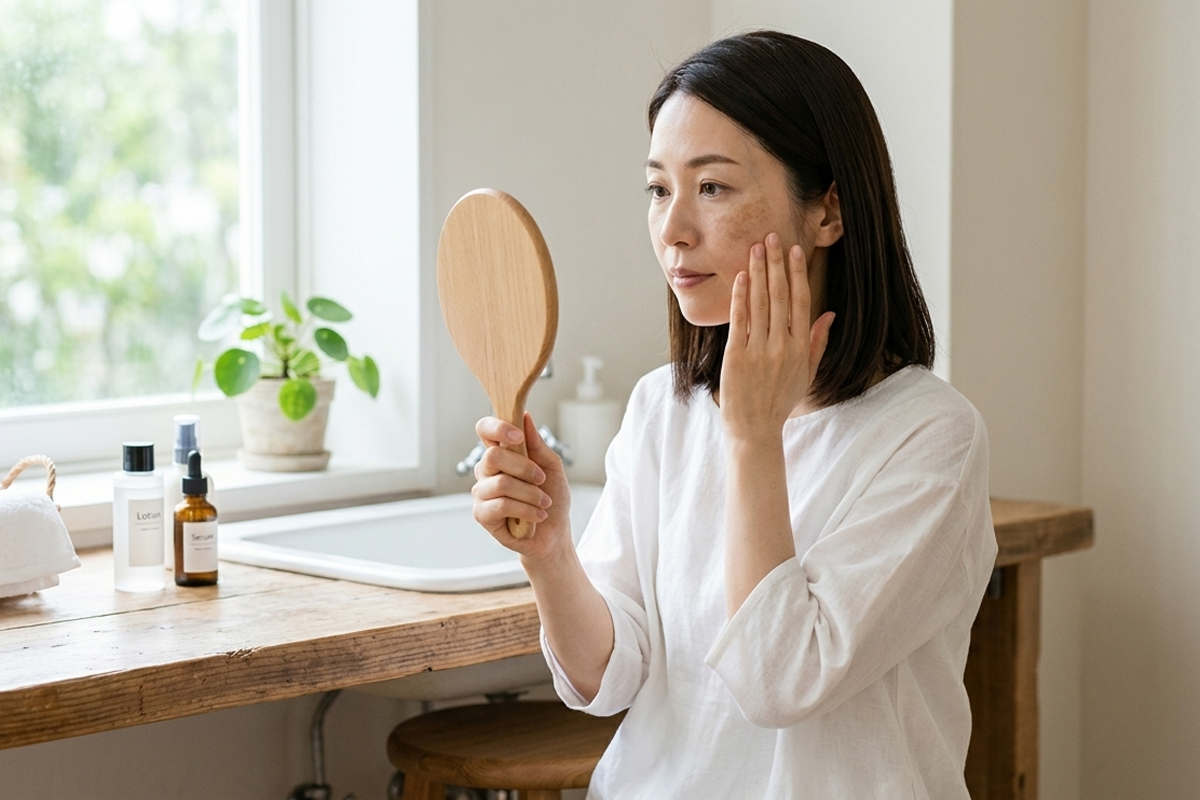 明るい室内で手鏡を使い、肝斑とシミの違いを意識しながら、頬骨まわりの色ムラを確認する女性。
