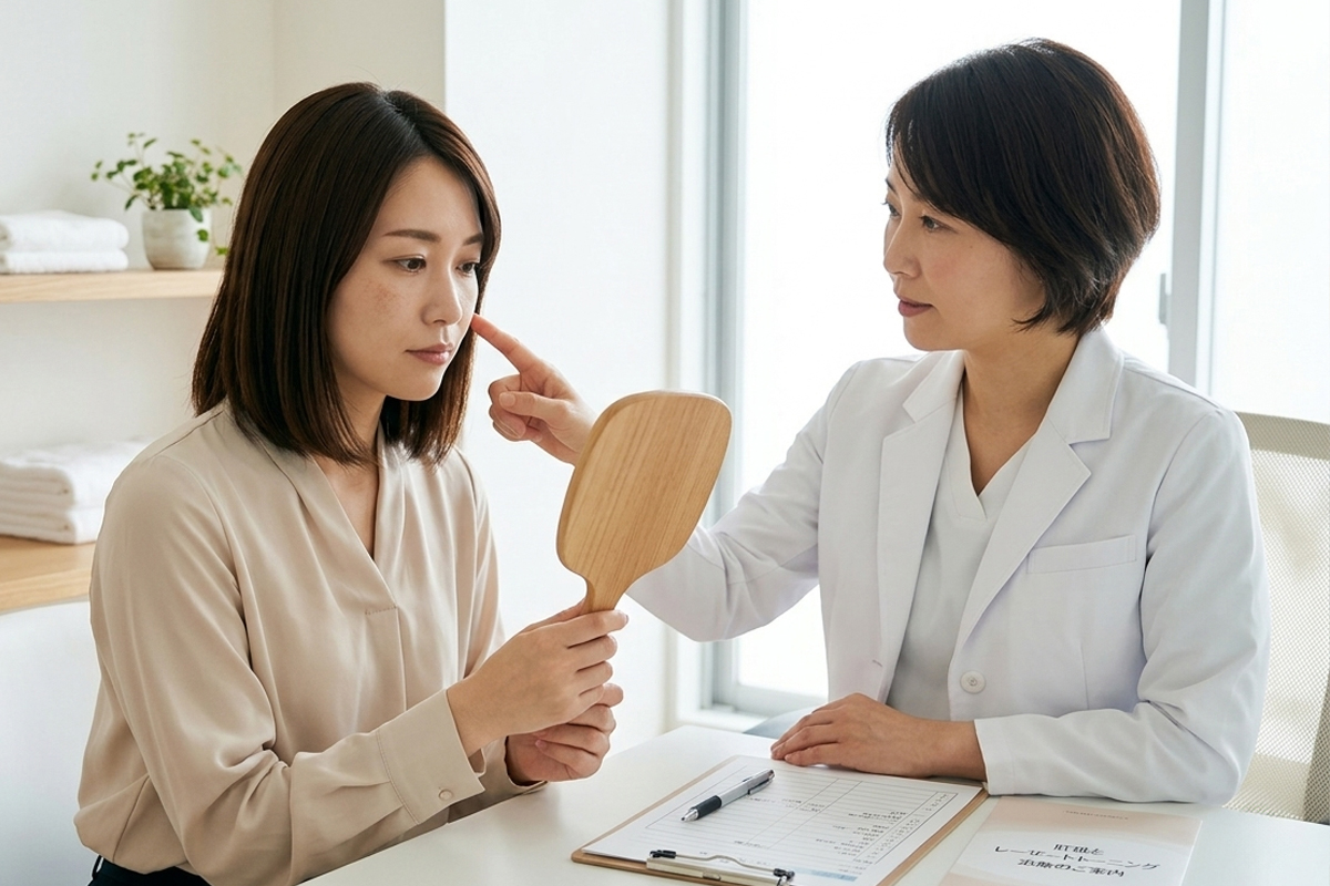 美容クリニックで、手鏡を持ちながら頬の状態を確認し、女性医師からレーザー治療の説明を受ける女性。