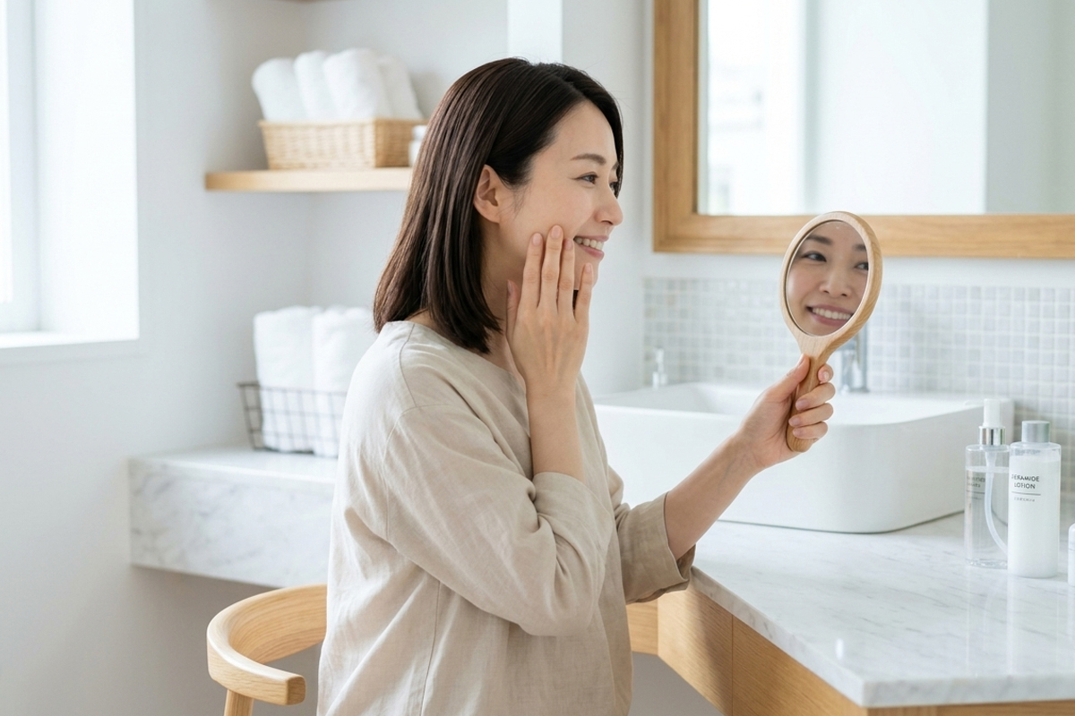 レーザー治療のメリットをイメージしながら、自宅で肌の状態を確認する女性。