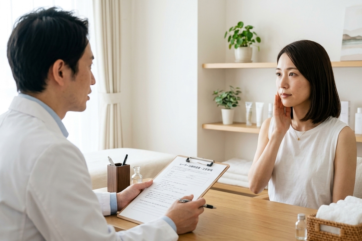 レーザー治療のデメリットや注意点について、美容クリニックで説明を受ける女性。