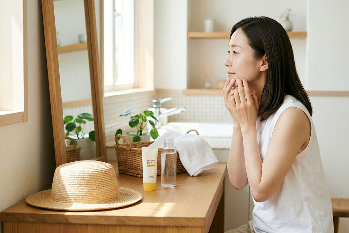 洗面台の鏡の前で、日焼け止めや帽子をそばに置きながら頬の肌状態をやさしく確認する女性。