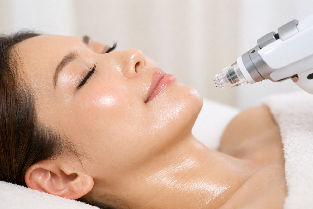 頬のツヤとなめらかさが伝わる水光注射の施術イメージ。