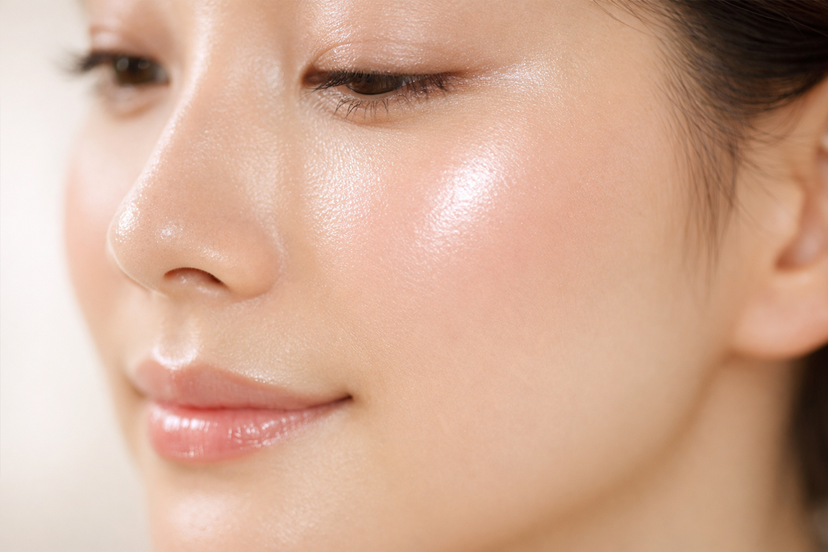 頬のツヤとキメの整いが伝わる水光肌の女性のイメージ画像。