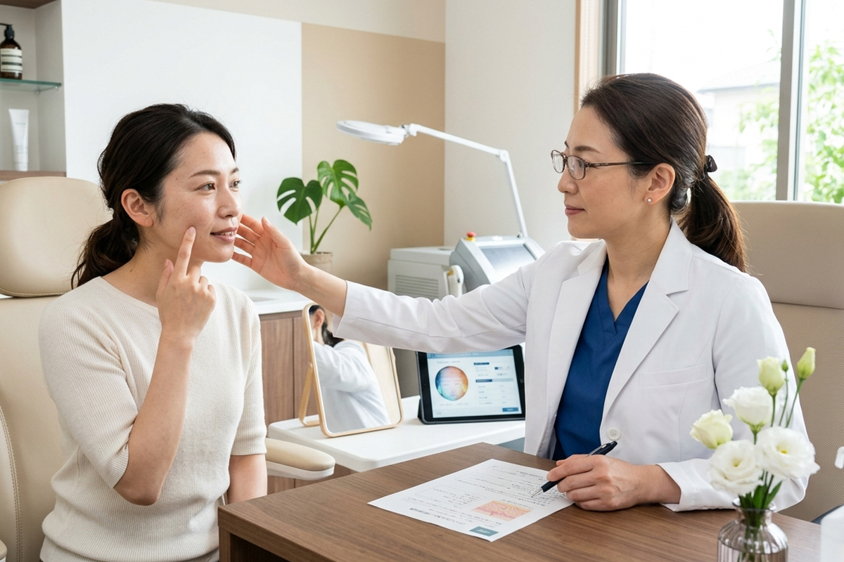 女性医師が女性の肌状態を確認しながら診察をしているイメージ。