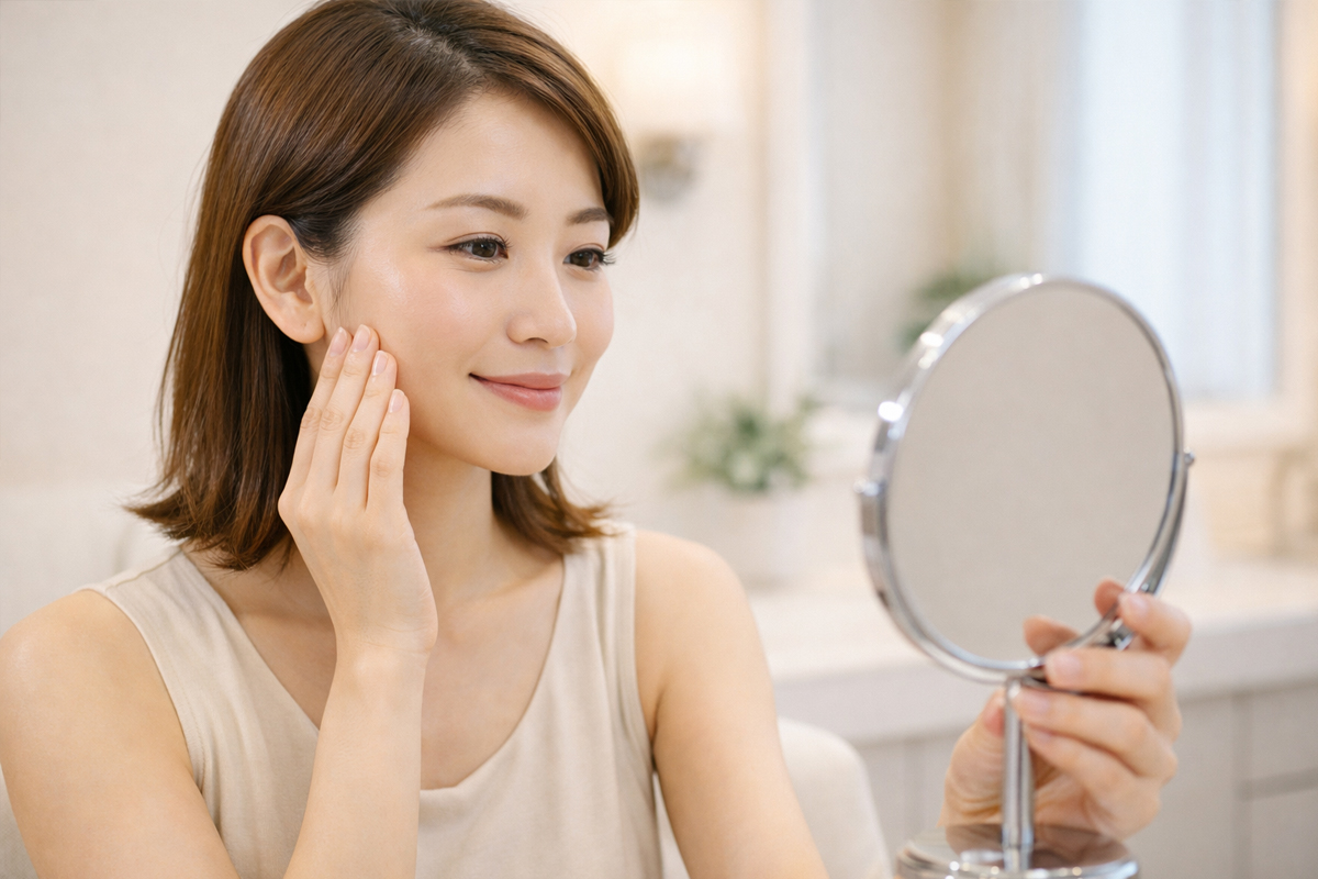 明るい室内で手鏡を持ち、頬のツヤを確認して微笑んでいる女性のイメージ。