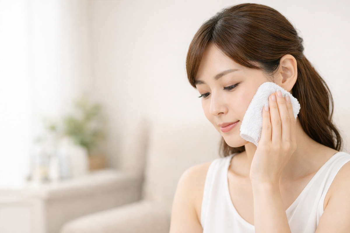 明るい自宅の一室で、頬をやさしく冷やしてアフターケアをする女性のイメージ。