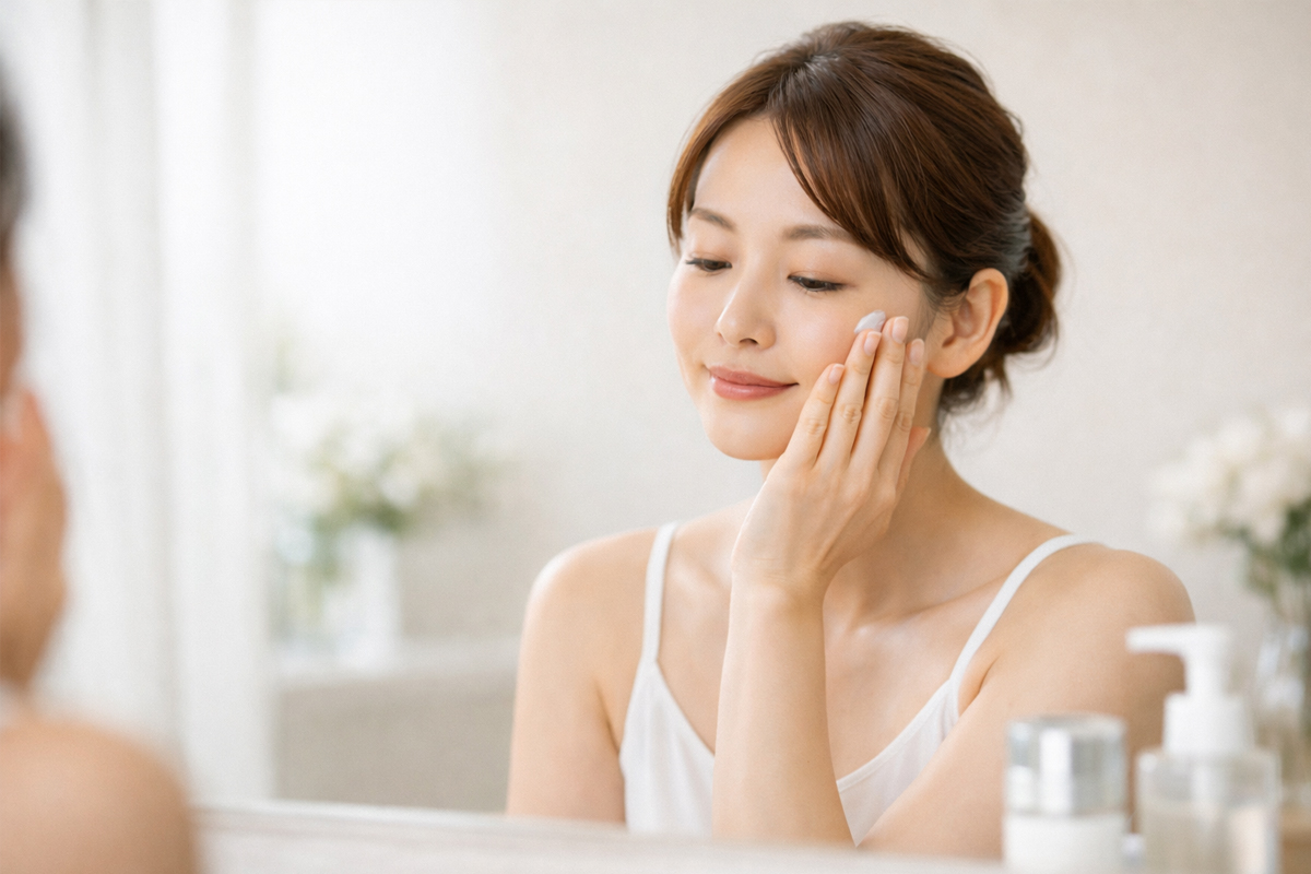 明るい自宅の鏡の前で、肌をやさしく保湿ケアしている女性のスキンケアのイメージ。
