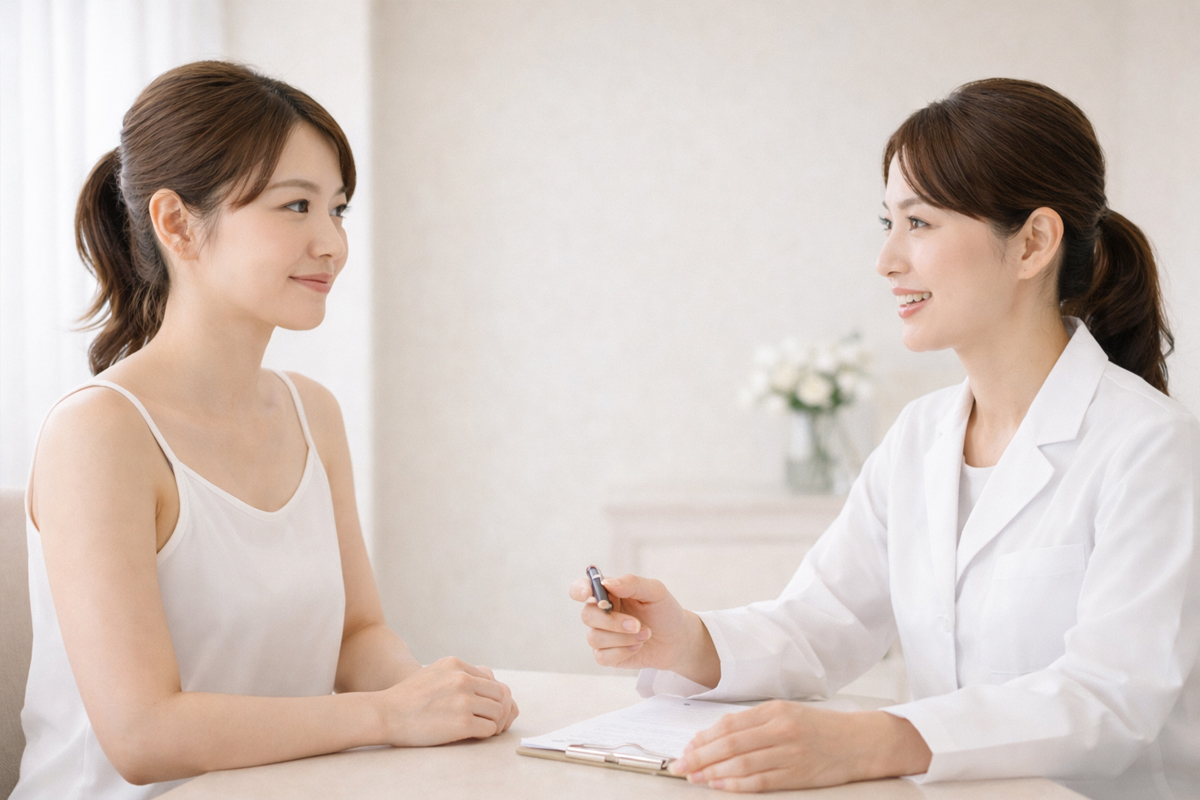 女性が医師に相談しながら質問しているカウンセリングのイメージ