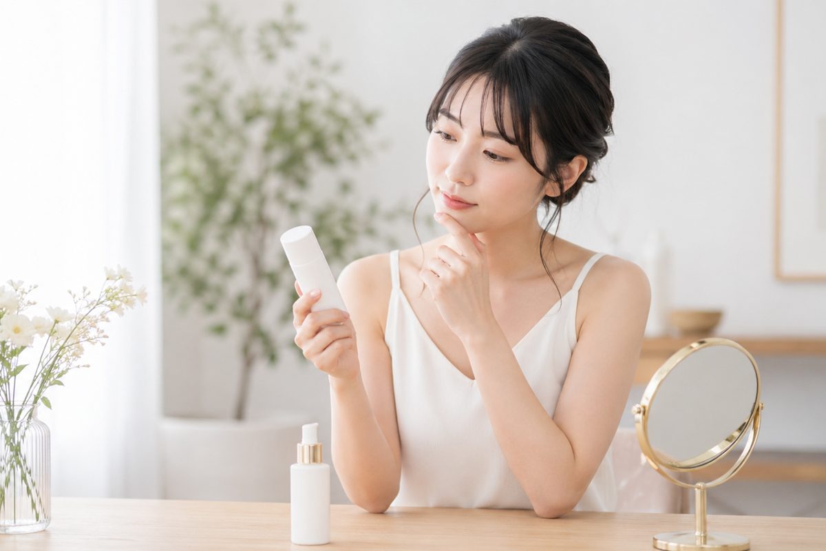 若い女性が明るい室内のテーブルで、白いスキンケアボトルを手に取りながら、あごに手を添えて考えるような表情をしている。