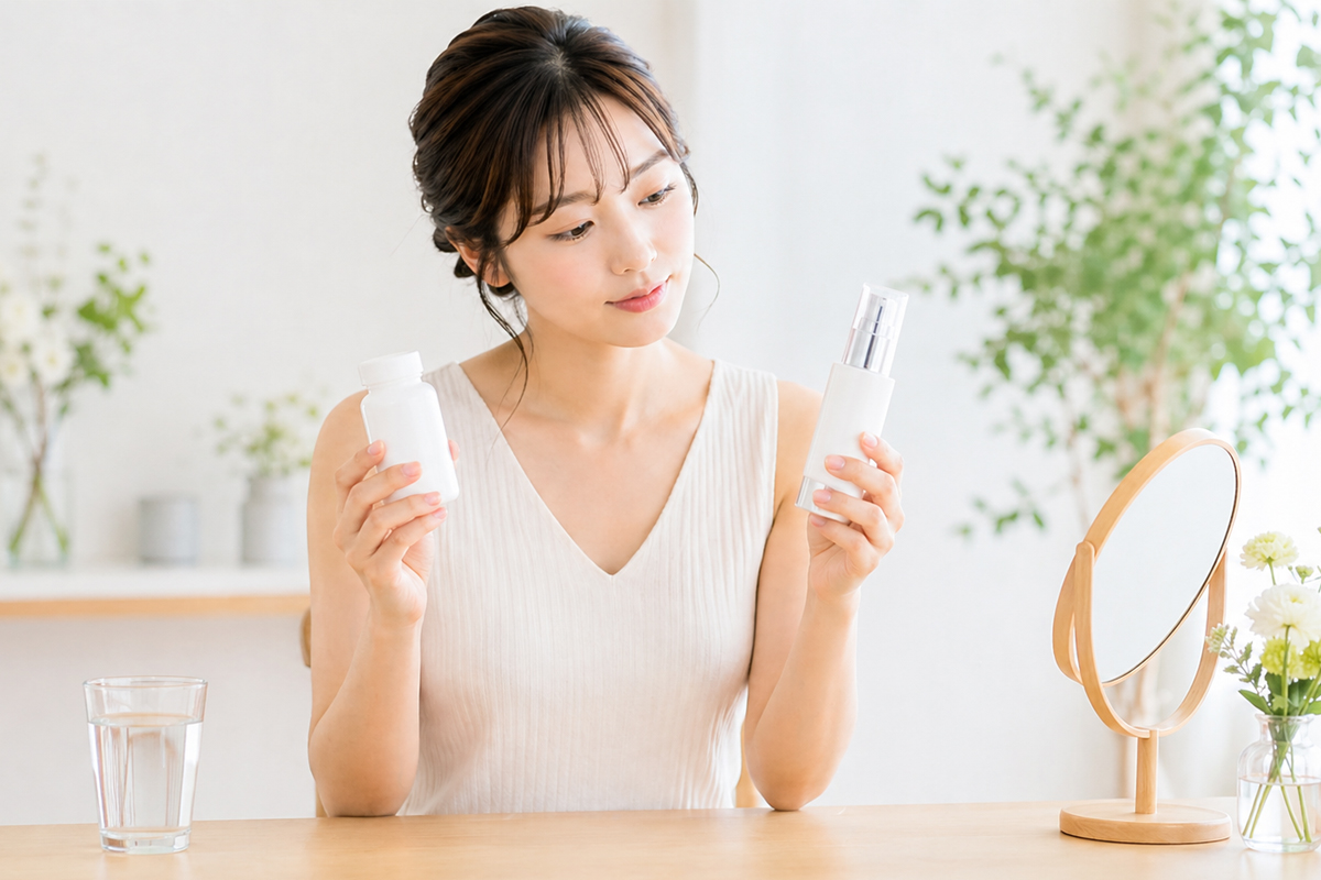 白いノースリーブの女性が、明るい室内のテーブルで、白いサプリメントのボトルとスキンケアボトルを両手に持って見比べている。
