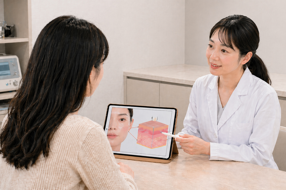 女性医師がクリニックの診察室で、タブレットに表示された顔と皮膚構造の図を示しながら、向かいに座る女性へ美容医療について説明している。