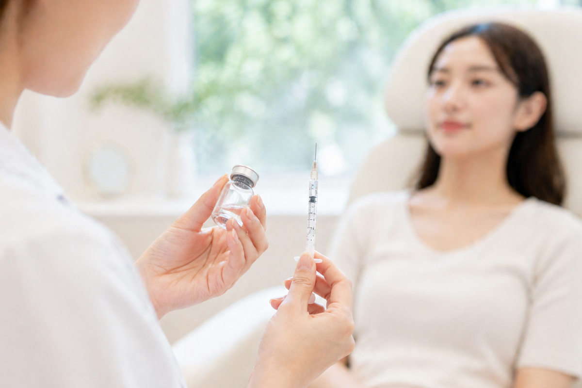 白衣を着た医師が、明るい美容クリニックの診察室で注射器と薬剤の小瓶を手に持ち、奥の施術チェアには女性のお客様が座っている様子。