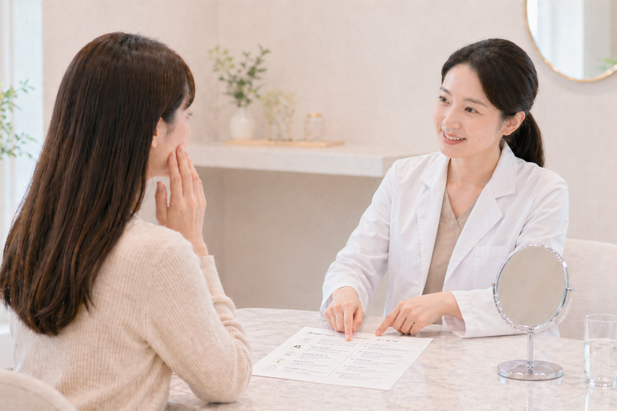 白衣を着た女性医師が、明るく清潔感のある診察室でテーブルの上に置かれた白い説明用紙を指しながら、頬に手を添えた女性のお客様に施術後の注意点を説明している様子。