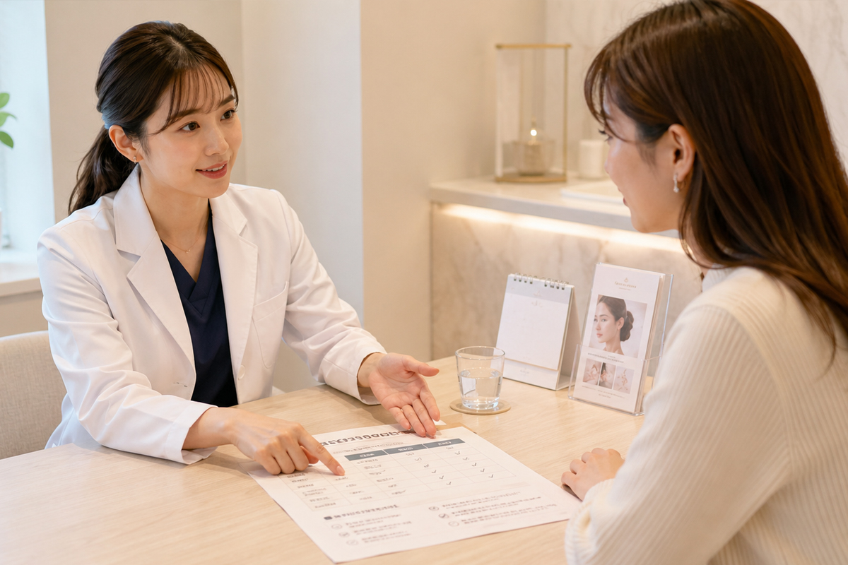 白衣を着た女性医師が、明るく清潔感のあるクリニックの相談室で、料金表や比較表のような資料を指しながら、女性のお客様にボトックス治療の費用やクリニック選びのポイントを説明している様子。
