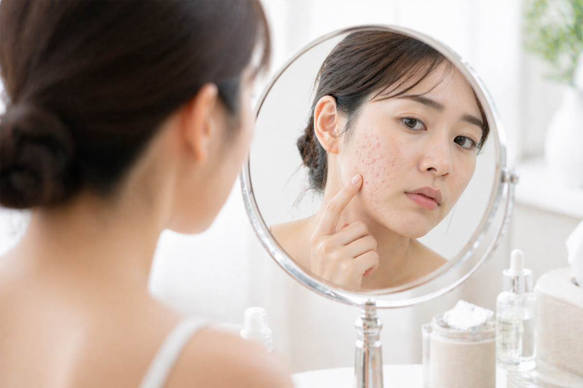 白いキャミソールを着た女性が、明るい洗面空間で卓上ミラーをのぞき込み、鏡に映った頬のニキビ跡を指先で確認している。