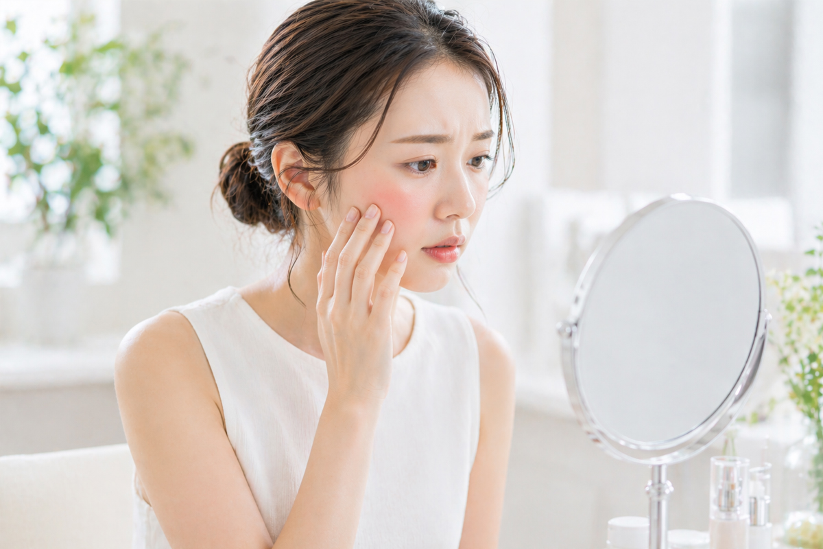 白いトップスを着た女性が、明るい室内で鏡を見ながら頬に手を添え、赤みのある肌の状態を気にしている。