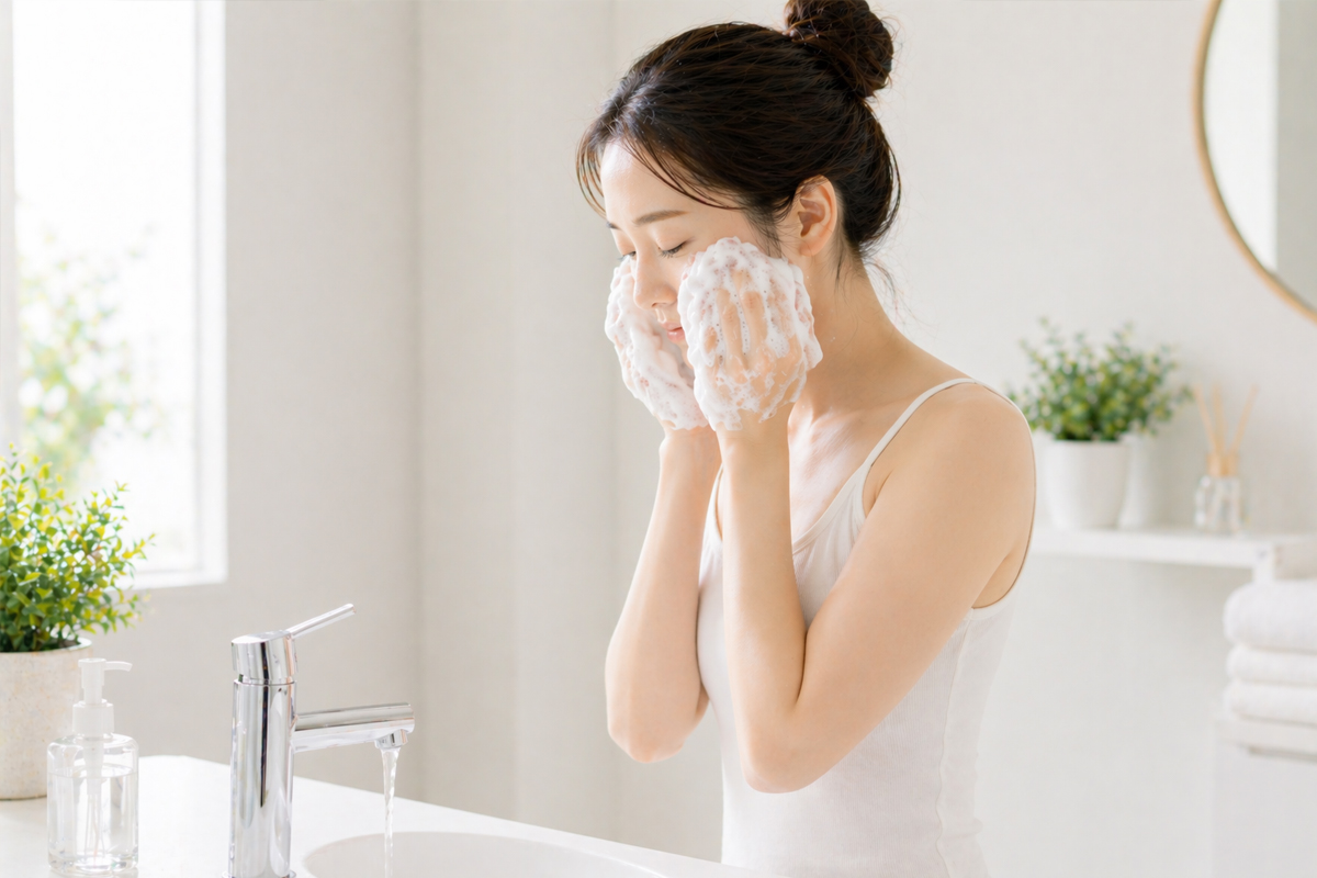 白いトップスを着た女性が、明るく清潔な洗面空間でたっぷりの泡を顔にのせ、やさしく洗顔している。