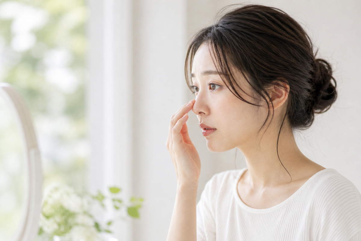 白いトップスを着た女性が、明るい室内で鼻にそっと手を添え、気になる様子で確認している。