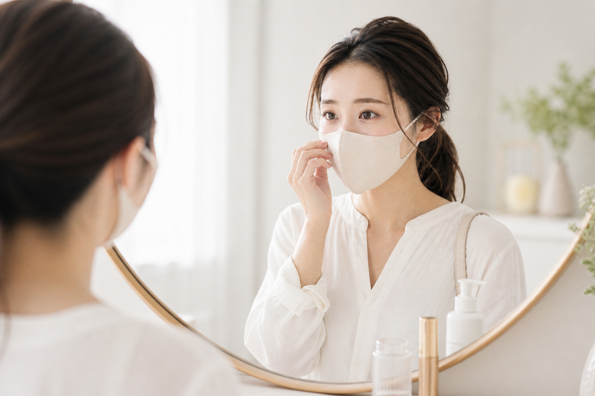 白いブラウスを着た女性が、明るい室内で鏡を見ながらベージュのマスクに手を添えている。