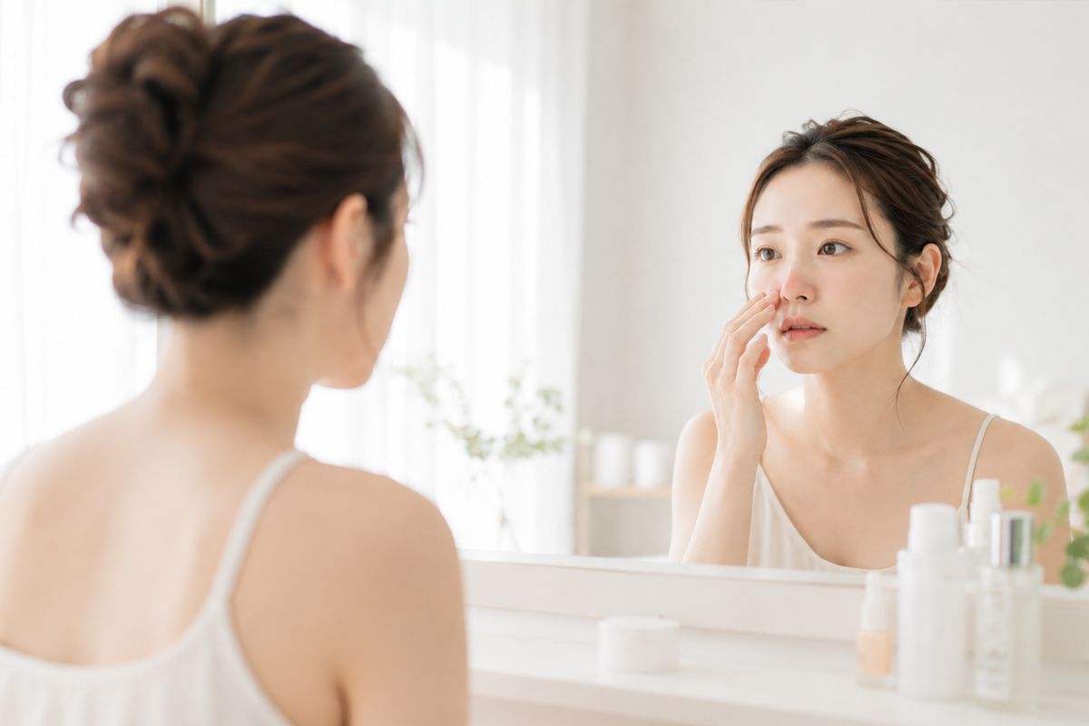 白いキャミソールを着た女性が、明るい洗面台の鏡を見ながら、鼻まわりを指先でそっと確認している。周囲にはスキンケアボトルや観葉植物が置かれている。