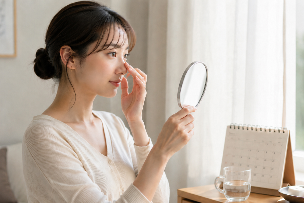 白いトップスを着た女性が、窓辺の明るい室内で手鏡を見ながら、鼻まわりを指先でそっと確認している。そばにはカレンダーやコップ、スキンケア用品、花が置かれている。