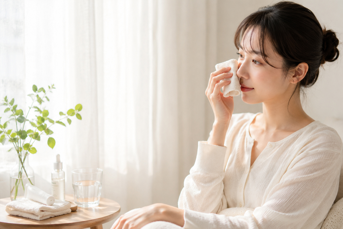 白いトップスを着た女性が、窓辺の明るい室内で、タオルに包んだ保冷剤を鼻まわりにやさしく当てている。