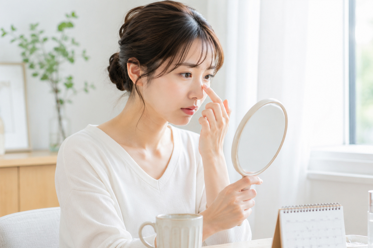 白いトップスを着た女性が、窓辺の明るい室内で手鏡を持ちながら、鼻まわりを指先で確認している。
