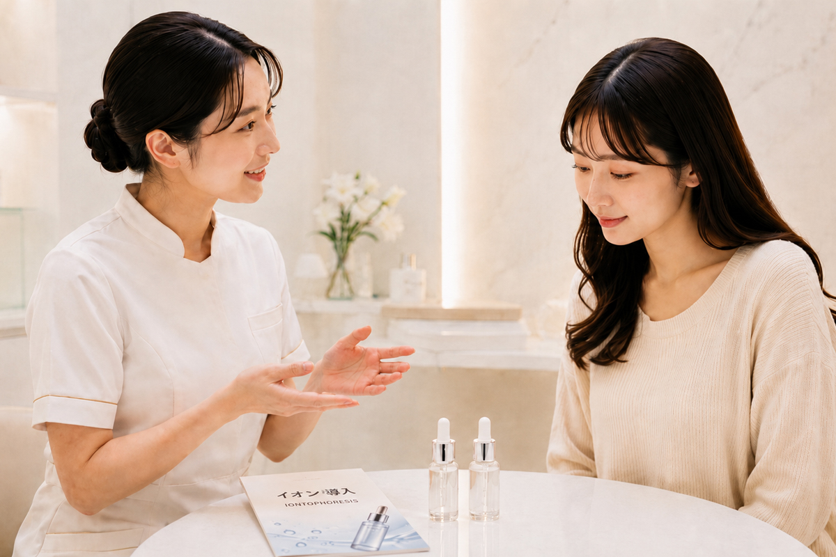 美容クリニックのカウンセリングルームで、スタッフが女性のお客様に説明しており、テーブルの上には「イオン導入」と書かれたパンフレットと2本の美容液ボトルが置かれている。