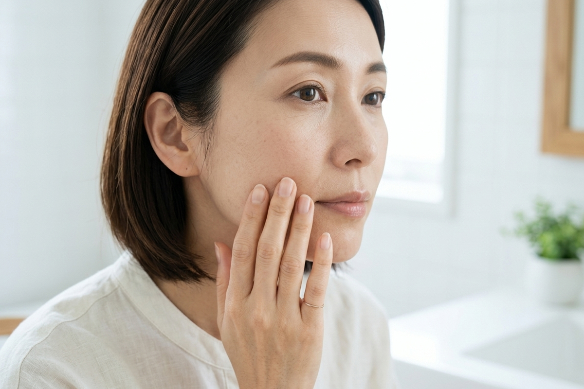 目の下や口元の肌状態を確認する女性の顔まわりのアップ。
