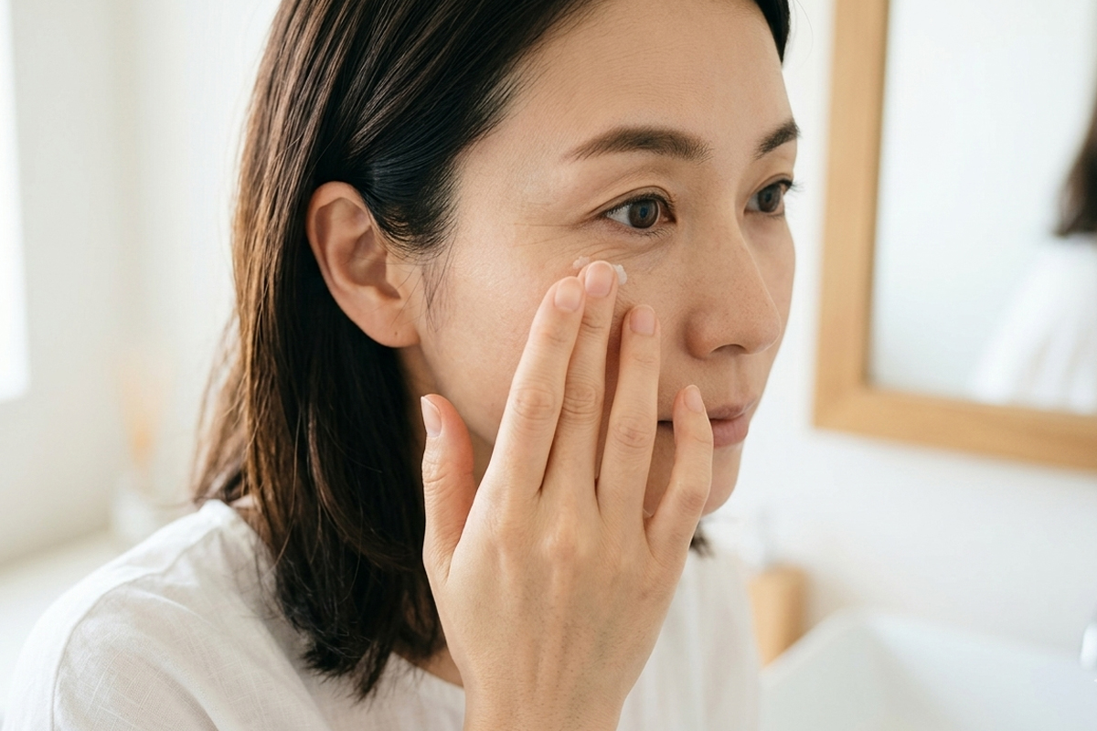 目元の乾燥対策としてアイクリームをなじませる女性の顔のアップ。