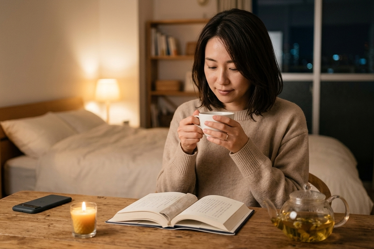 就寝前にスマートフォンを置いてハーブティーを飲みながらくつろぐ女性。