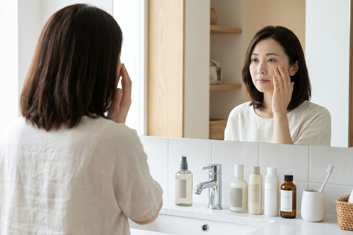 鏡の前で目元から頬にかけて肌の状態を確認する女性。洗面台には複数のスキンケア商品が並んでいる。