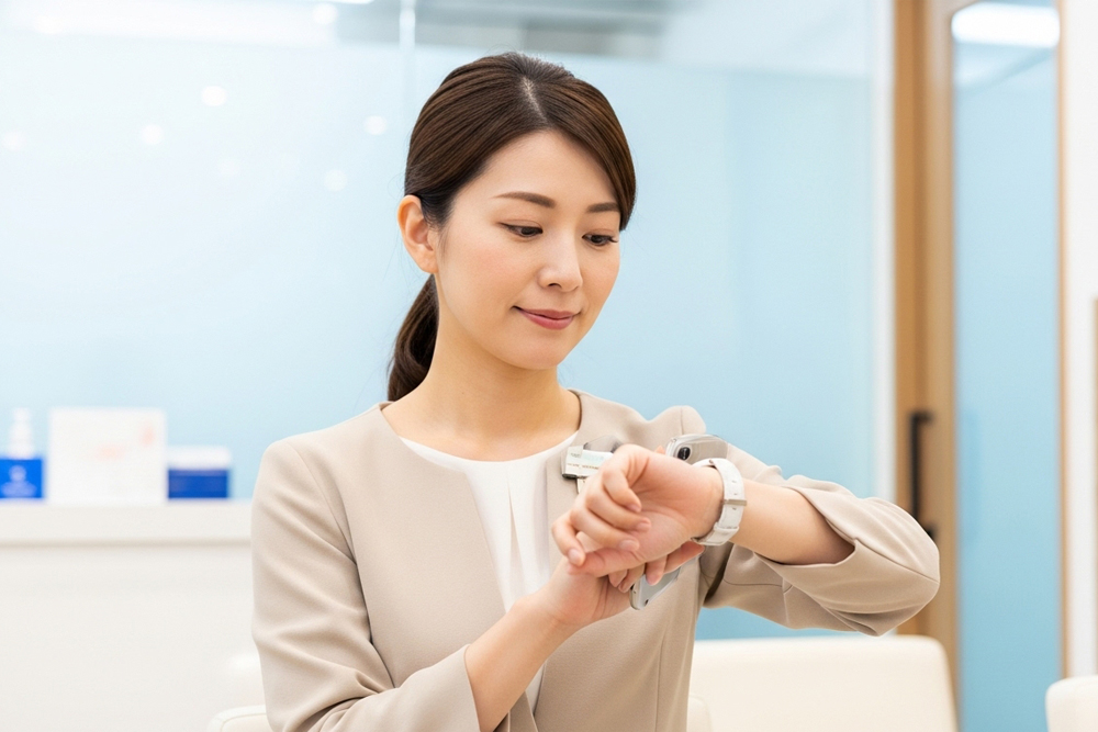 美容クリニックの待合室で、腕時計を確認しているオフィスカジュアルな日本人女性。