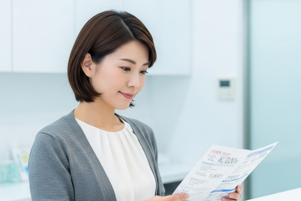 クリニック内で料金が表示されたパンフレットを見ている女性。