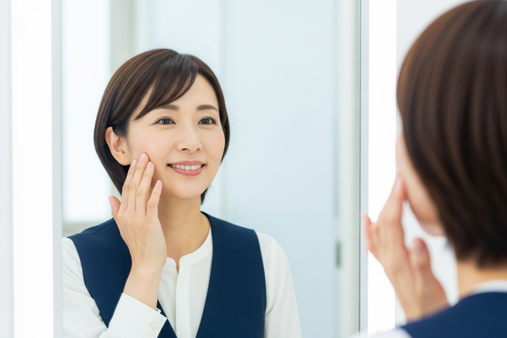 鏡を見ながら頬に触れ微笑んでいる女性。