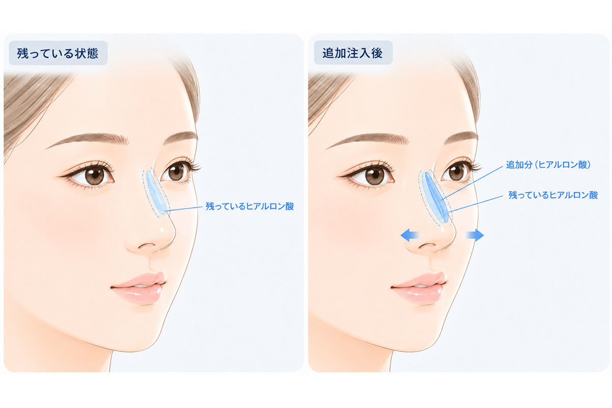 斜め前を向いた女性の鼻を左右2枚で比較したイラスト。左は残っているヒアルロン酸を青色で示し、右はその上に追加注入したヒアルロン酸を重ね、左右の矢印で鼻筋が横に広がる様子を表している。