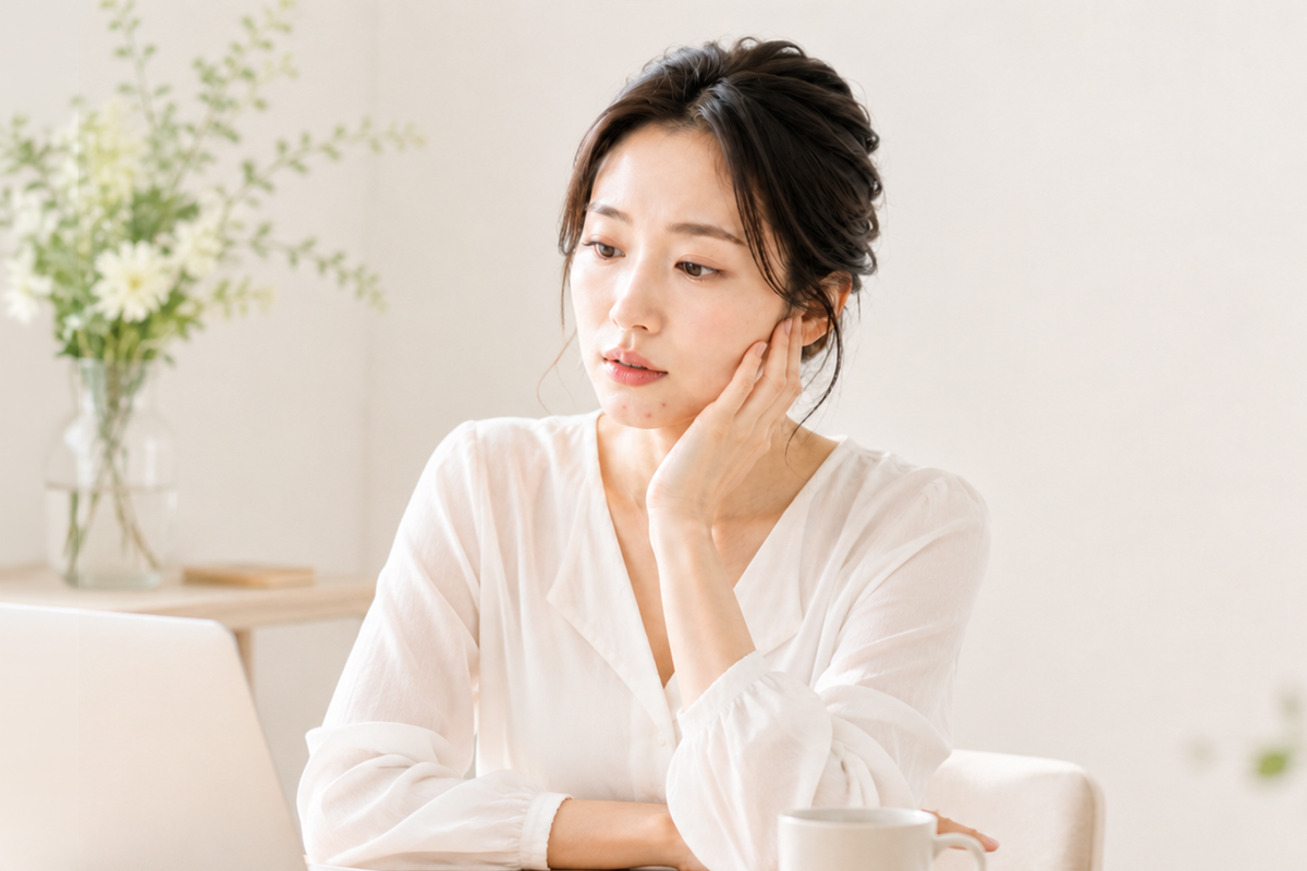 明るい室内で頬に手を添えながら考え込む女性。ストレスや疲れが肌状態に影響することがある理由を解説する美容医療コラムの中見出し画像。