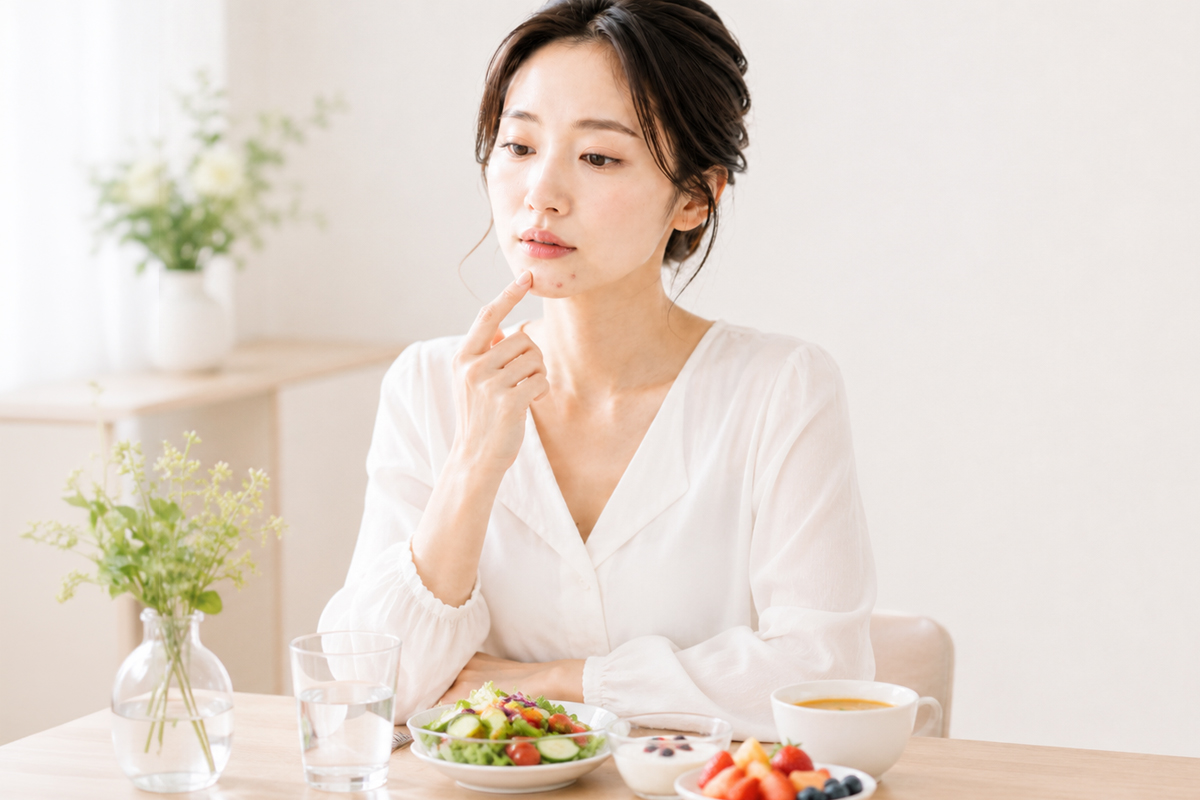 食事を前に顎のニキビを気にする女性。食生活の乱れや栄養バランスが肌状態に与える影響を解説する美容医療コラムの中見出し画像。