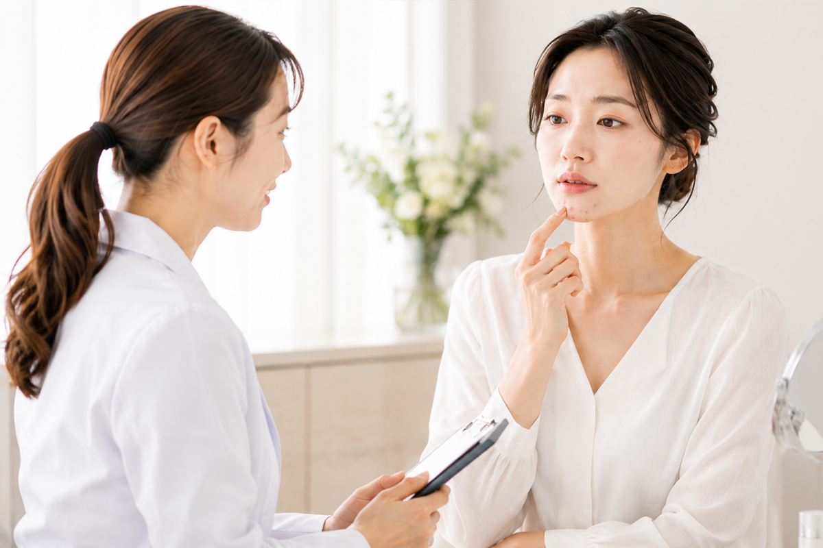 美容クリニックで医師に顎ニキビの悩みを相談する女性。繰り返す顎ニキビを美容医療でケアする選択肢について解説する中見出し画像。
