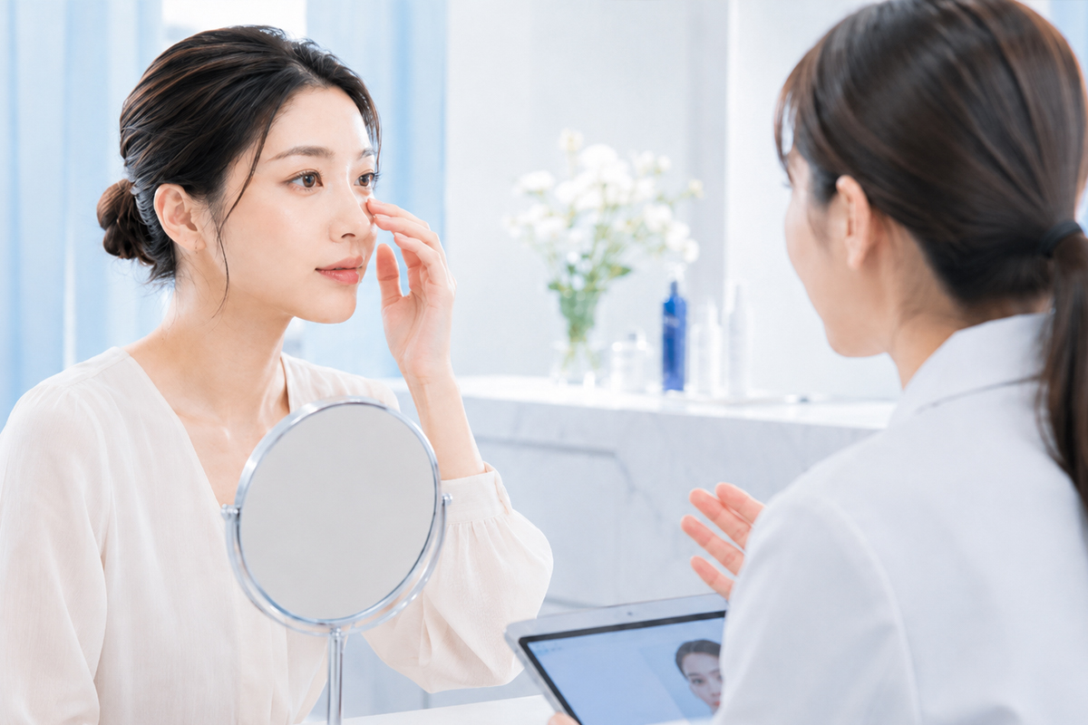 明るい美容クリニックで、鏡を前に鼻へ手を添える若い日本人女性が、白衣を着た女性医師から鼻のヒアルロン酸施術について説明を受けている様子。