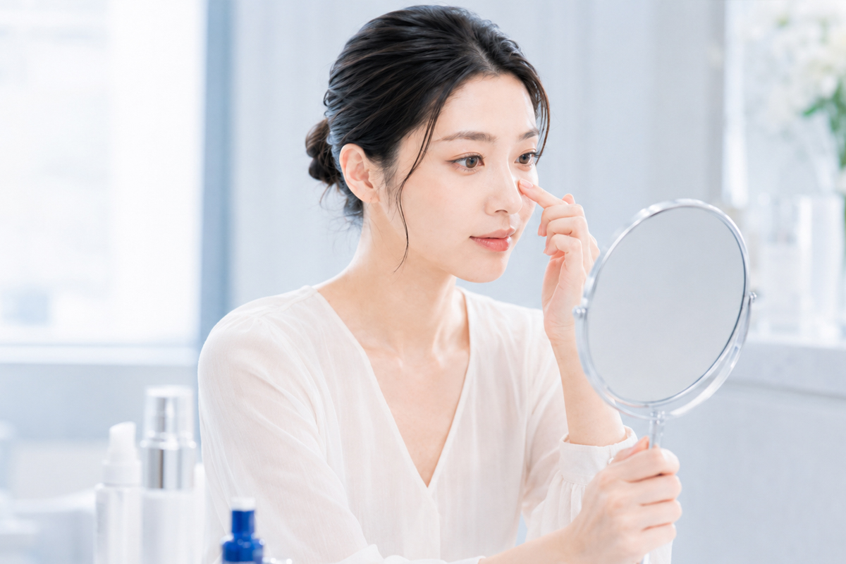 明るい美容クリニックの鏡の前で、若い日本人女性が鼻に指を添えながら形を確認している様子。