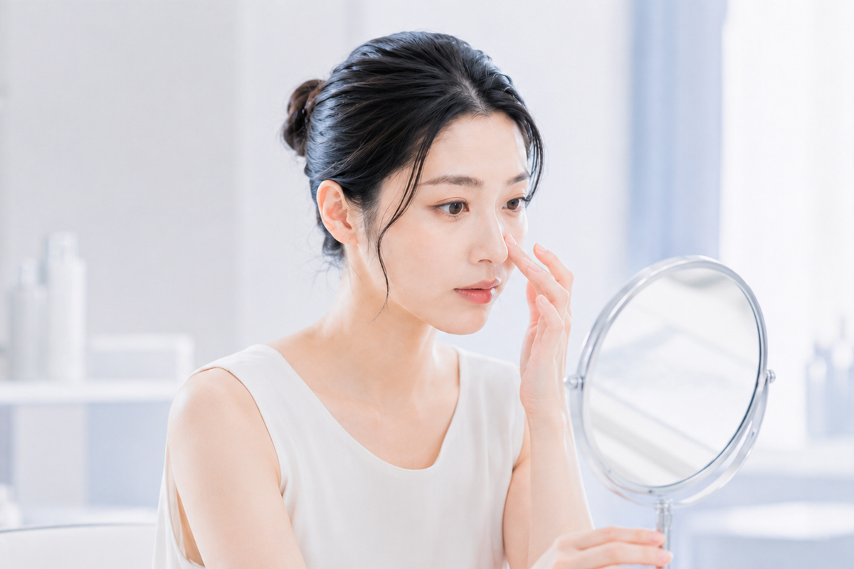 明るい美容クリニックの鏡の前で、若い日本人女性が鼻筋の横幅を確かめるように指を添えている様子。