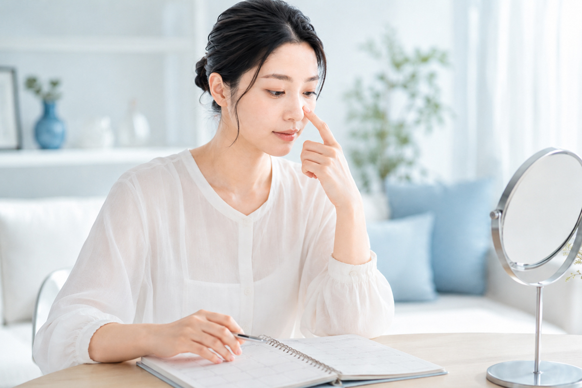自宅の明るい室内で、若い日本人女性が鼻に指を添えながら、鏡のそばでスケジュール帳を確認している様子。