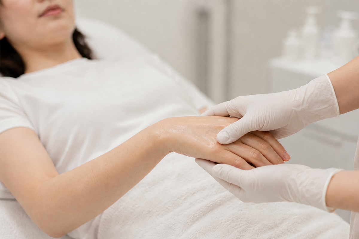 美容クリニックの施術室で、横になった女性の手の甲に薬剤を塗り、手袋を着けた施術者が両手で包み込むようにマッサージピールを行っている様子。