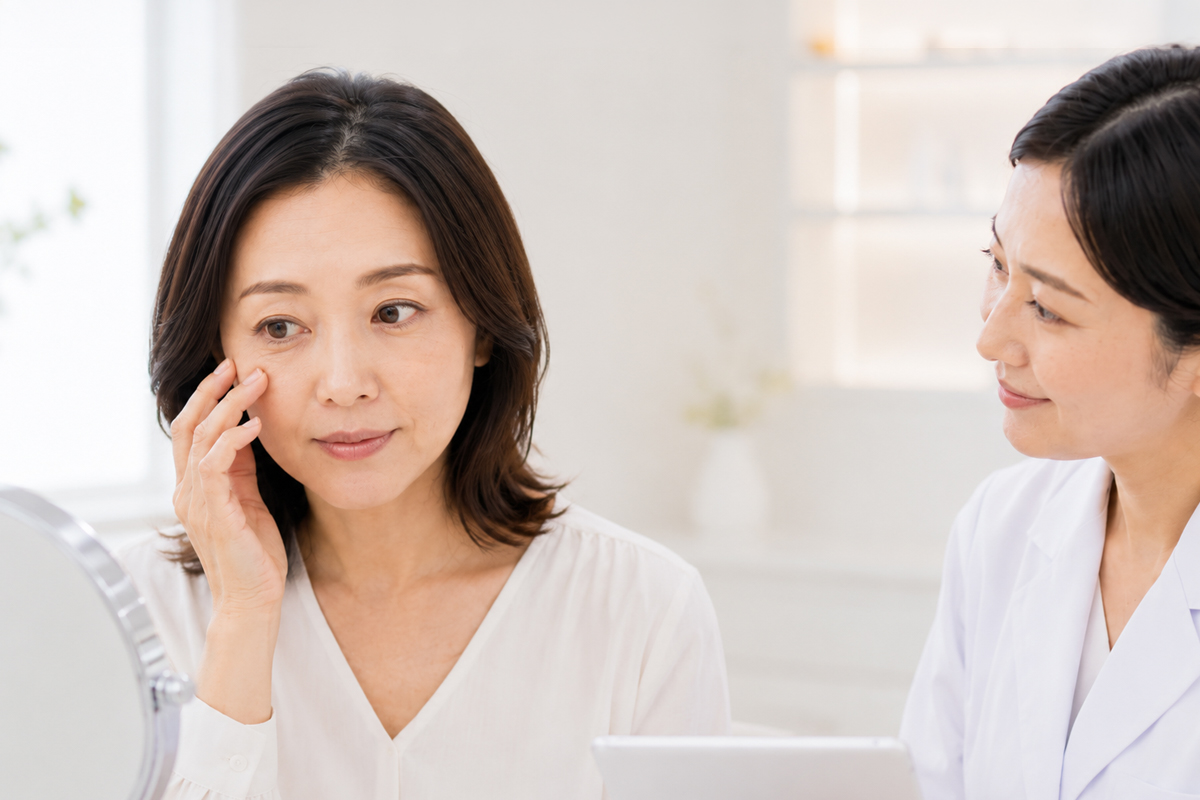 目の下のしわが気になる女性が、美容クリニックで医師に相談しながら鏡で目元を確認している様子。