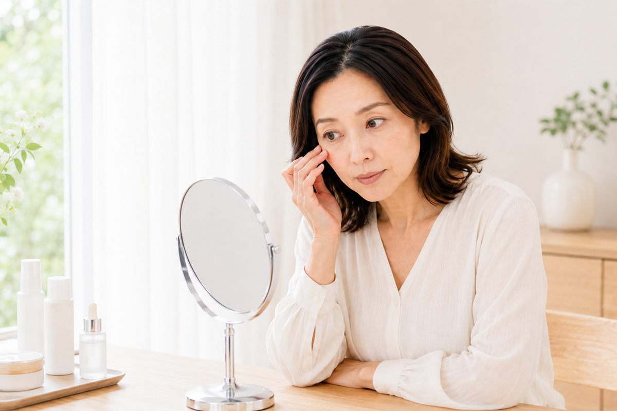 自宅の明るい部屋で、鏡を見ながら目の下にそっと触れ、しわの状態を確認している女性の様子。