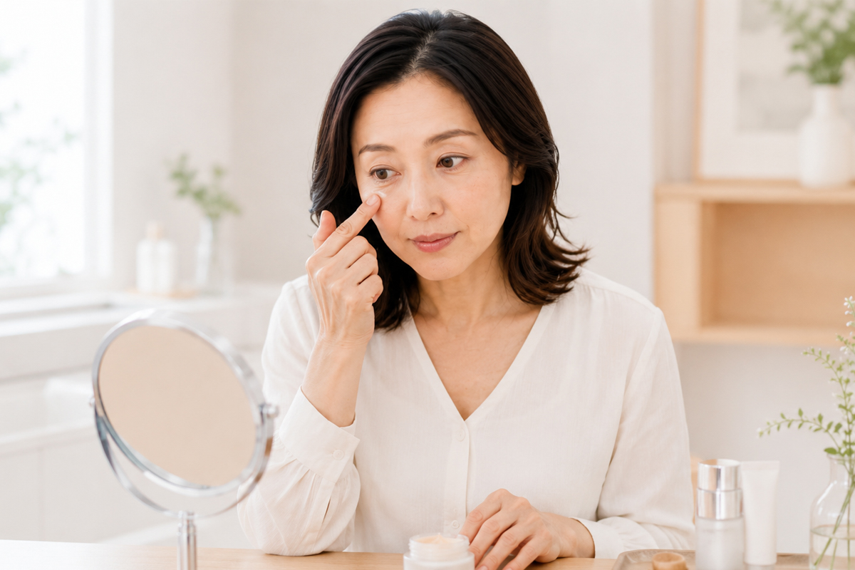 自宅の明るい洗面スペースで、鏡を見ながら目の下にやさしくクリームをなじませている女性の様子。