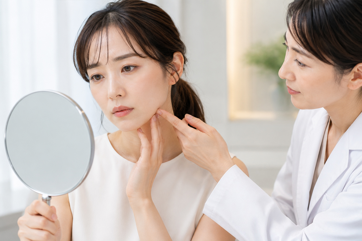 美容クリニックの診察室で、鏡を見ながらエラ付近に手を添える女性と、そのフェイスラインを確認しながら顎まわりを指し示す女性医師のカウンセリング風景。